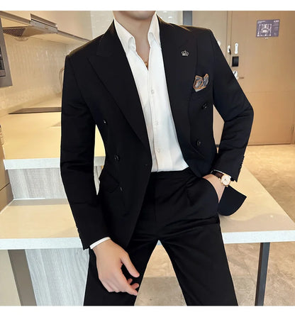 (Blazer + Trousers) Fashion Double Breasted Design Slim Men's Suit Italian Style Luxury Wedding Social Party Tuxedo 2 Piece Set