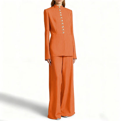 Elegant Women's Suits Pinstripe Two-piece(Jacket+Pants) Set with Stand Collar Gold Single Breasted Business Office Lady Outfit