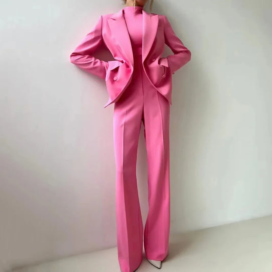 Women Suit 2 Pieces Rose Pink With Lapel Double Button For Wedding Banquet Party Business Office Commute Daily Blazer And Pant