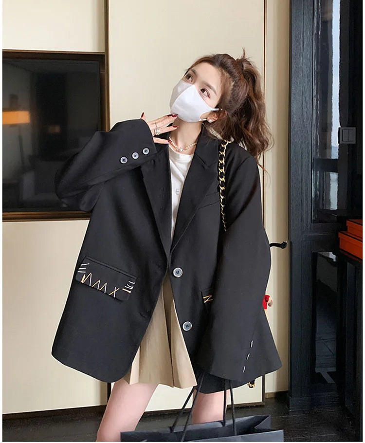Spring Autumn New Women's Blazer Notched Collar Single Breasted Pockets High-End Elegant Fashion Office Lady Jacket HK13904