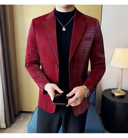 2026 Crocodile Patterned Leather Suit Jacket Men Slim Fit Business Casual Leather Jacket Wedding Groom Party Work Men Blazers