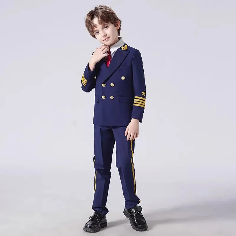 Boys Grils Pilot Uniform Suit Kids Formal Jakcet Pants Tuxedo Wedding Dress Children Birthday Photography Outfit Set