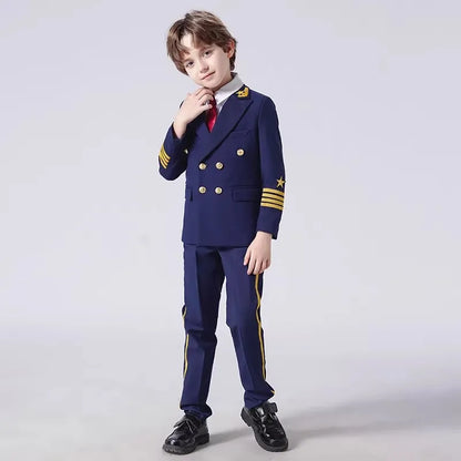 Boys Grils Pilot Uniform Suit Kids Formal Jakcet Pants Tuxedo Wedding Dress Children Birthday Photography Outfit Set