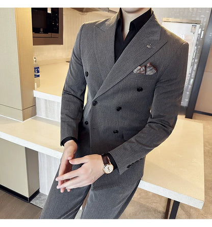 (Blazer + Trousers) Fashion Double Breasted Design Slim Men's Suit Italian Style Luxury Wedding Social Party Tuxedo 2 Piece Set