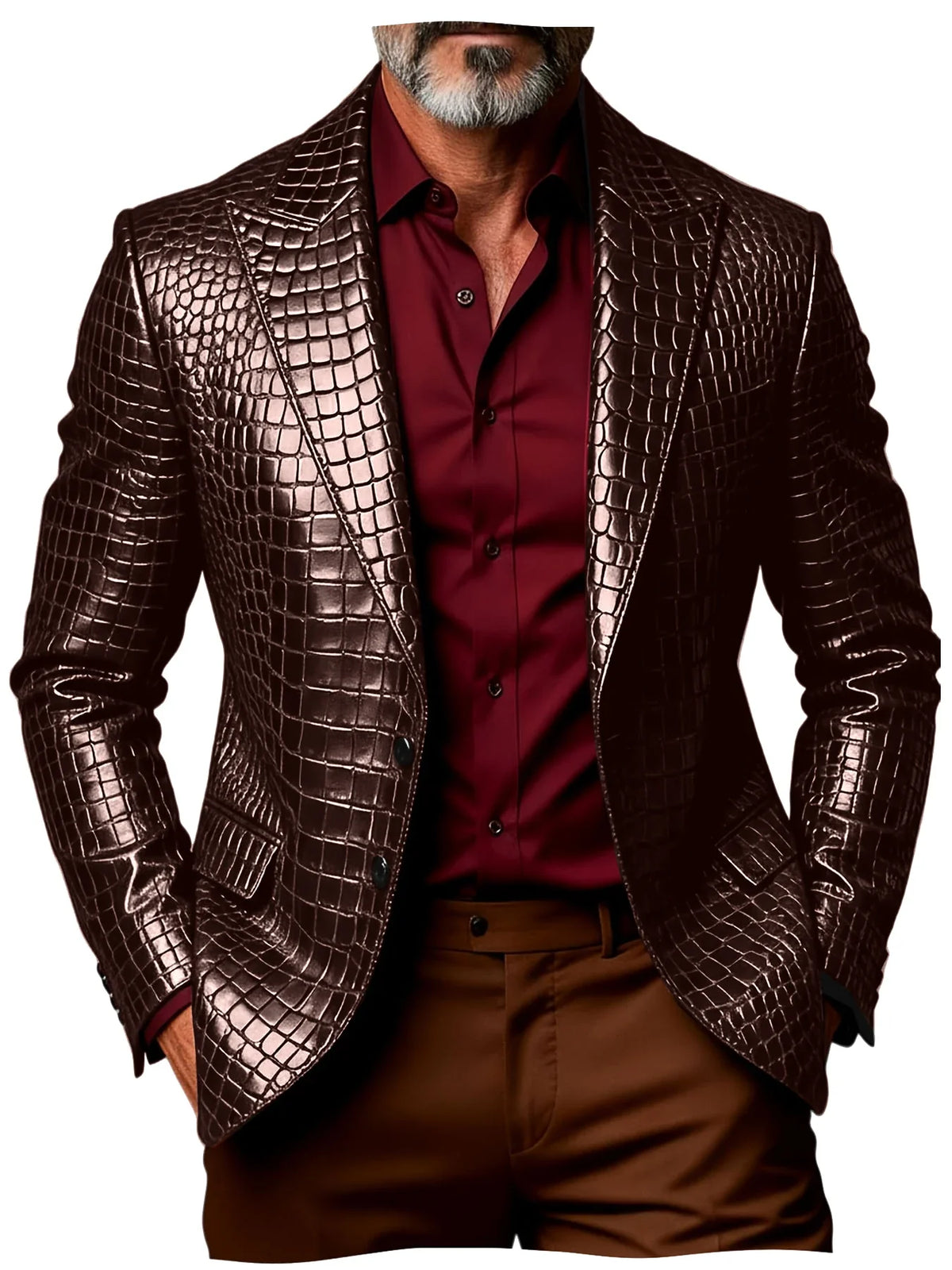 Luxury Men's Crocodile Pattern PU Leather Blazer Notch Lapel Single-Breasted 2 Button Slim Fit Jacket Business Casual for Man