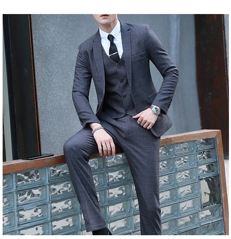 Men's Autumn Winter Trendy Three-Piece Suit Set Slim Fit Stylish Vest Trousers Ensemble Handsome Personality Wardrobe Essential