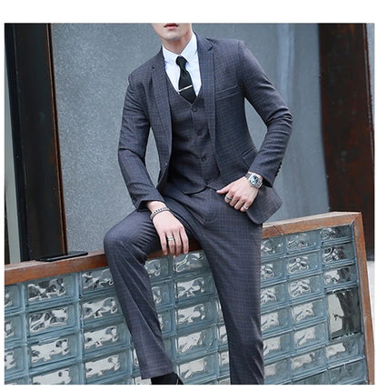 Men's Autumn Winter Trendy Three-Piece Suit Set Slim Fit Stylish Vest Trousers Ensemble Handsome Personality Wardrobe Essential