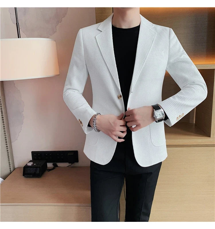 2025 Spring New Waffle Suit Coats Men Slim Fit Business Casual Blazer Jacket Homme Formal Groom Prom Wedding Tuxedo 4XL-M