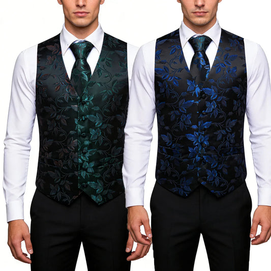 Men's Vest with Tie Hanky and Cufflinks Set – Floral Broadcloth Waistcoat for Weddings and Formal Events