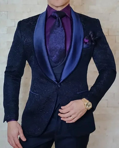 Men wedding Suits Pattern and Black Groom Tuxedos Shawl Satin Lapel Groomsmen Wedding Best Man ( Jacket+Pants+Vest)