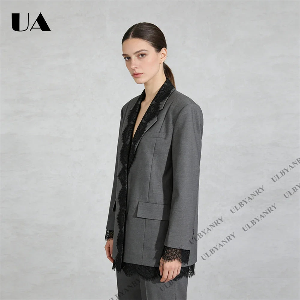 Women’s Grey Blazer with Black Lace Trim Elegant Notched Lapel Cuffs & Hem Jacket Single-Breasted Office Wear