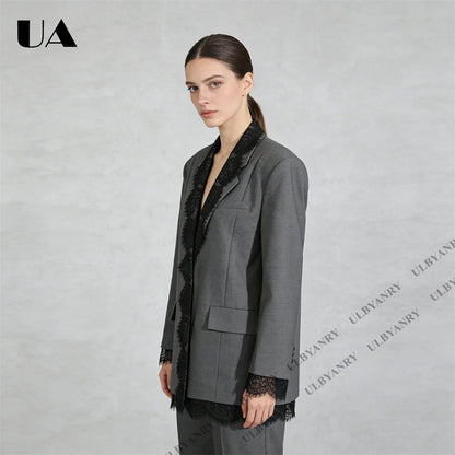 Women’s Grey Blazer with Black Lace Trim Elegant Notched Lapel Cuffs & Hem Jacket Single-Breasted Office Wear