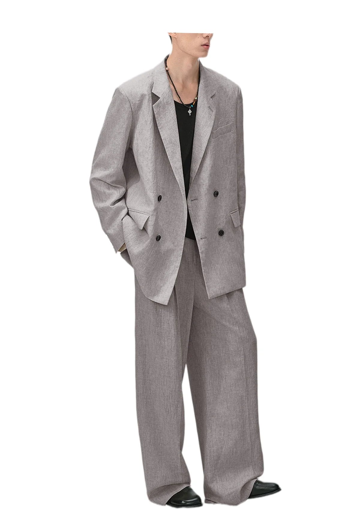 Men's Linen Double Breasted Suit – Slim Fit 2-Piece Blazer & Straight Leg Pants for Summer Weddings & Business