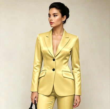 Professional Women’s Black Satin Suit Two Piece (Jacket+Pants) Set for Elegant Formal Party Office Streetwear Fashion Outfit