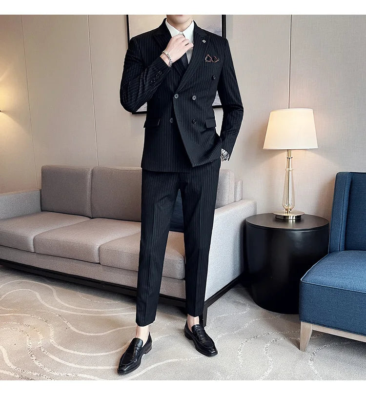 (Jacket + Vest + Pants)Three Piece Set Men Blazers Set stripe Suits Busines Casual Slim Fit Formal Dress Groom Tuxedo Wedding