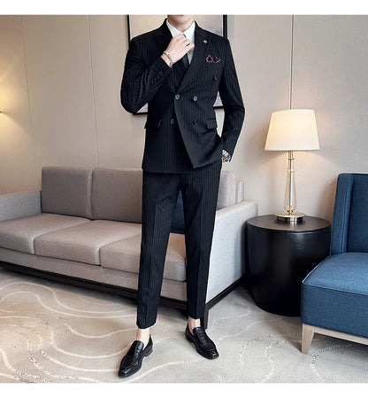 (Jacket + Vest + Pants)Three Piece Set Men Blazers Set stripe Suits Busines Casual Slim Fit Formal Dress Groom Tuxedo Wedding