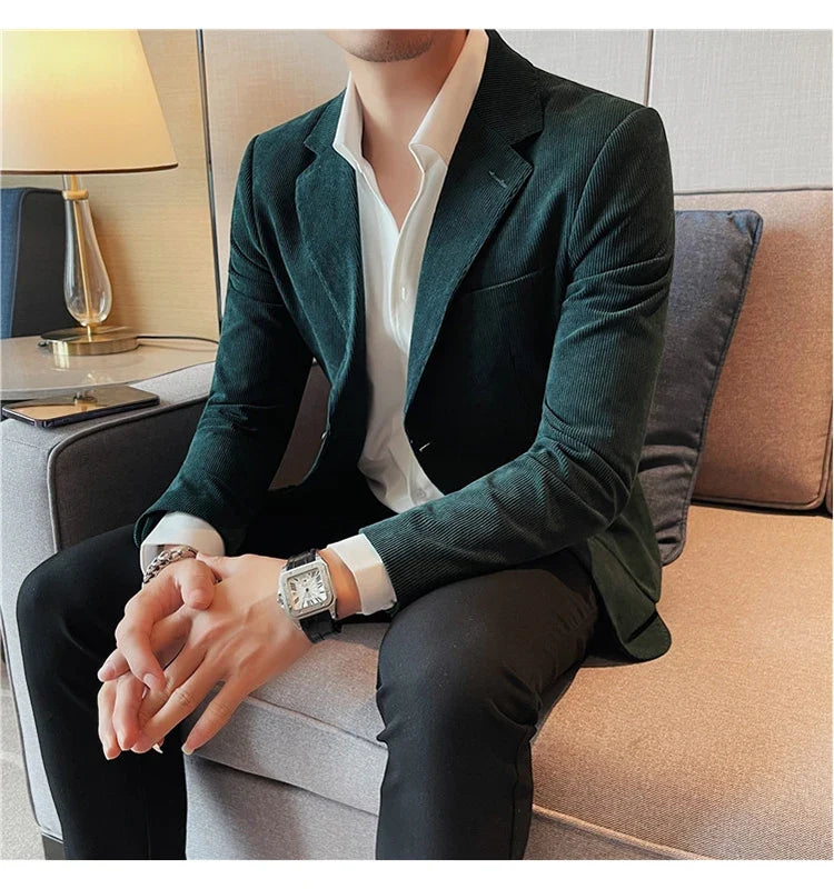 2023 Fashion Men's Corduroy Blazers Top Quality Business Casual Suit Jackets Slim Fit Wedding Groom Streetwear Social Dress Coat