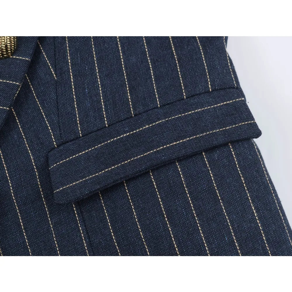 Elegant Fashion Women's Pinstripe Blazer New in Autumn Blazer with Embossed Button Long Sleeves Women Blazer with Asymmetric Hem