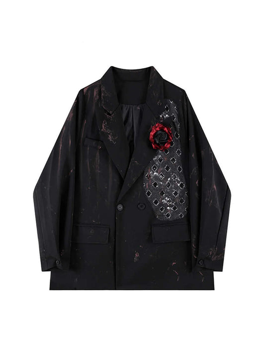 Women Black Gothic Emo Blazer Jacket Vintage 3D Floral Coat Jacket Harajuku Tie-Dyed Long Sleeve Outerwear 2000s Clothes Autumn