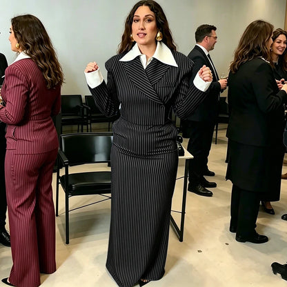 Navy Blue Pinstripe Women's Jacket Skirt 2 Piece Set Formal Single Breasted Evening Party Clothing Wedding Guest Outfit