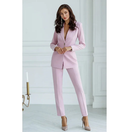 Pink Notch Lapel Single Breasted Women Suits Two Piece Fashion Formal Smart Casual Office Lady Daily Pants Sets (Jacket+Pants)