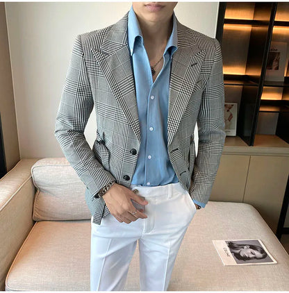 2025 Autumn Winter Classic Checkered Suit Jacket for Men Belt Decoration Slim Fit Casual Business Blazers Social Party Jacket