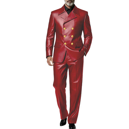 Men's Leather 2 Piece Suit Retro Double Breasted Peak Lapel Slim Fit Blazer Straight Leg Pants Formal Set Business Casual Weddin