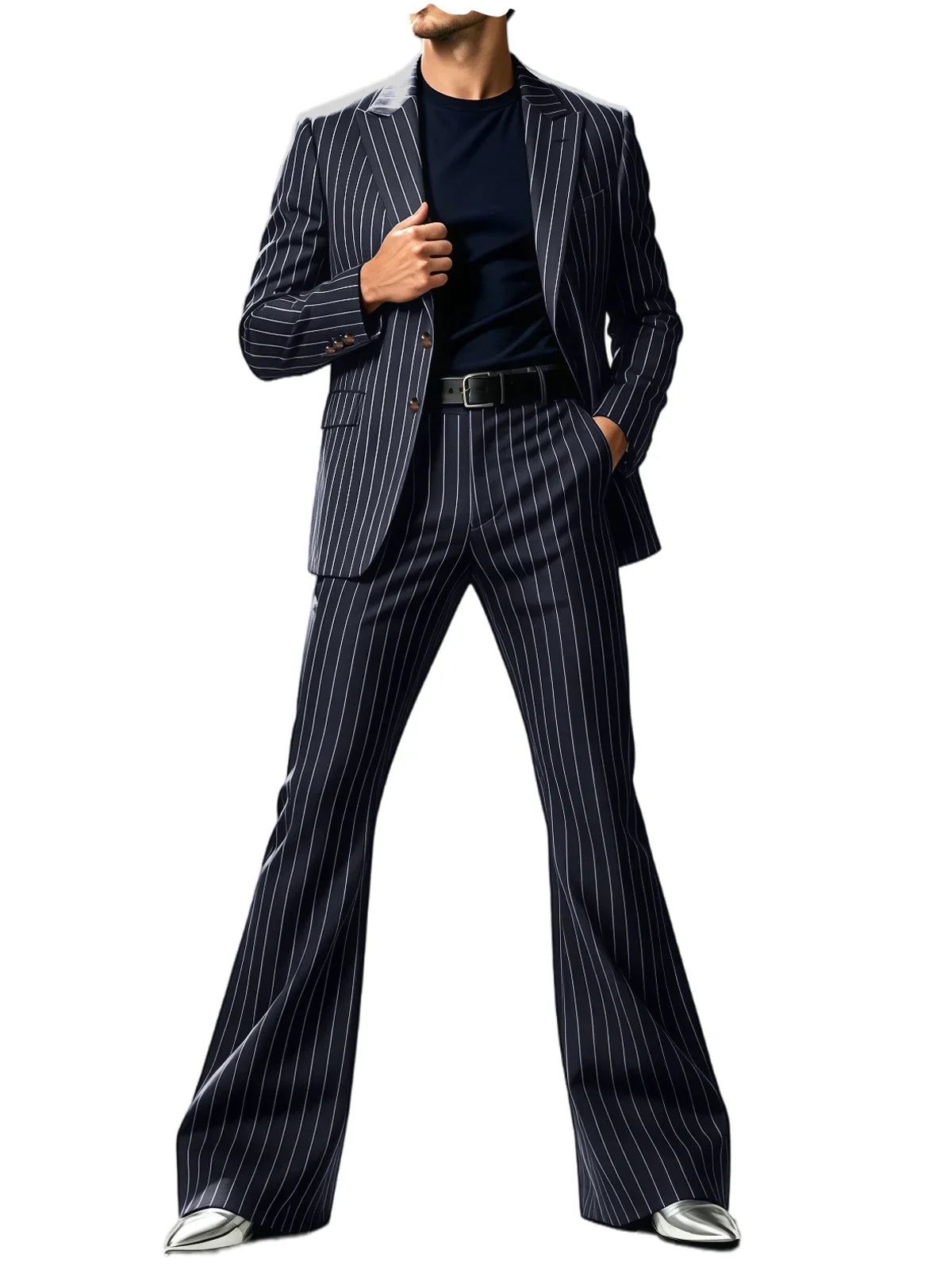 Men's Suit 2-Piece Slim Fit Pinstripe Blazer & High Waist Flared Pants for Business Casual and Formal Occasions
