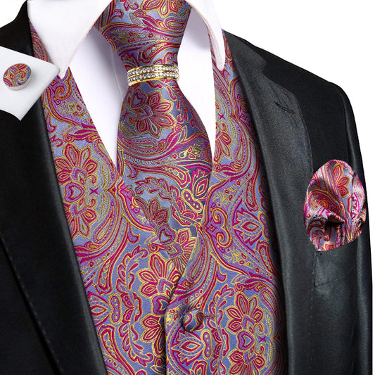Men's Vest 6-Piece Matching Set – Paisley Waistcoat with Necktie, Bowtie & Accessories for Prom & Banquets