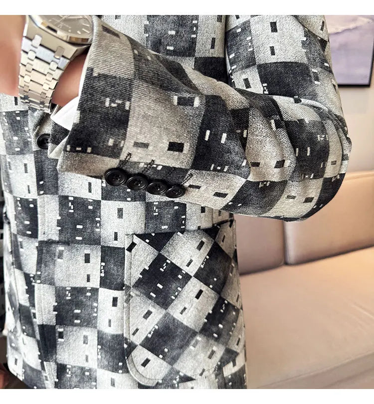 Korean Jacquard Denim Jacket for Men Autumn Winter Casual Business Men Blazers Slim Fit Wedding Social Dress Coat Men Clothing