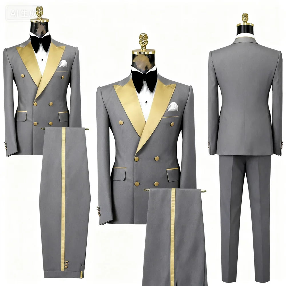 Men's Double-Breasted Suit Set – Peak Lapel, Solid 2-Piece for Wedding & Formal Occasions