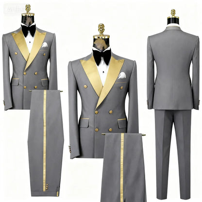 Men's Double-Breasted Suit Set – Peak Lapel, Solid 2-Piece for Wedding & Formal Occasions