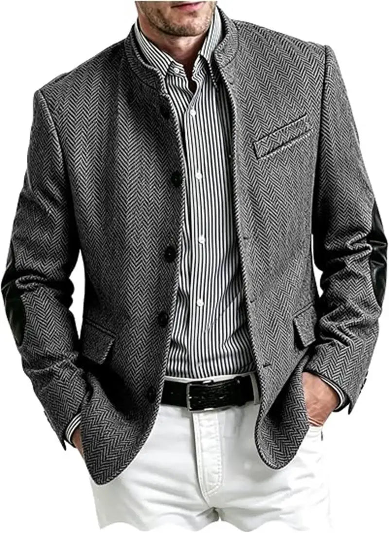 Vintage Men's Mandarin Collar Herringbone Tweed Blazer with Leather Elbow Patch Wool Blend Business Casual Slim Fit Suit Jackets