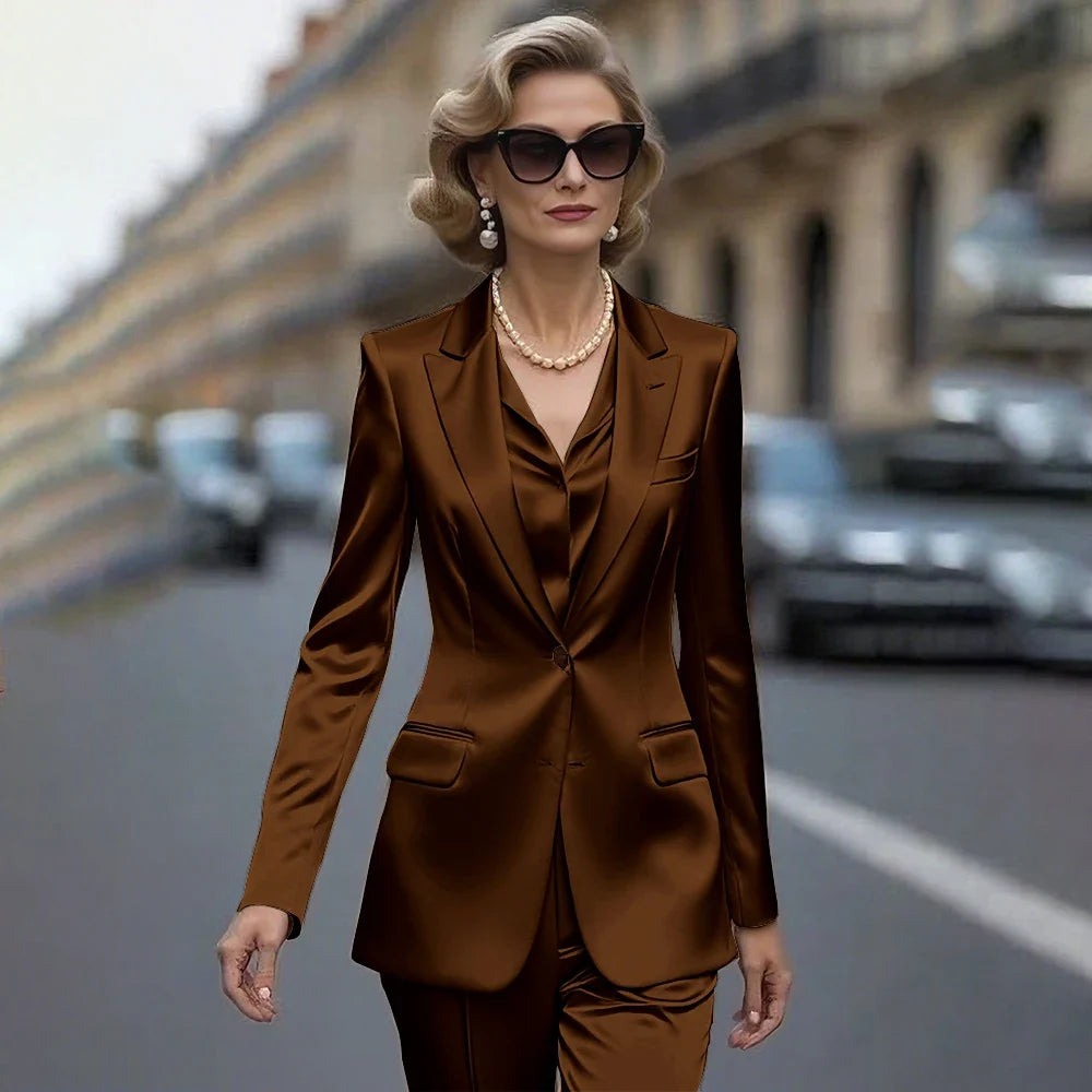 Women's Gold Satin Blazer Suit Set Stylish Single-Breasted Jacket+Pants Luxe Shiny Two-piece for Cocktail Party Wedding Guest