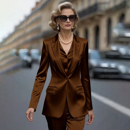 Women's Gold Satin Blazer Suit Set Stylish Single-Breasted Jacket+Pants Luxe Shiny Two-piece for Cocktail Party Wedding Guest