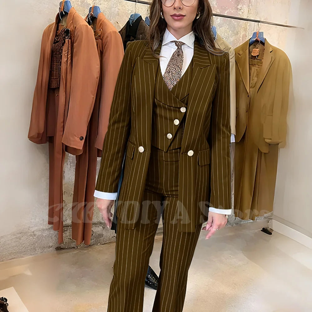 Navy Blue Striped Suit For Women Stylish Single Button Peak Lapel Elegant Outfit Business Meeting Office Formal Set Three Pieces