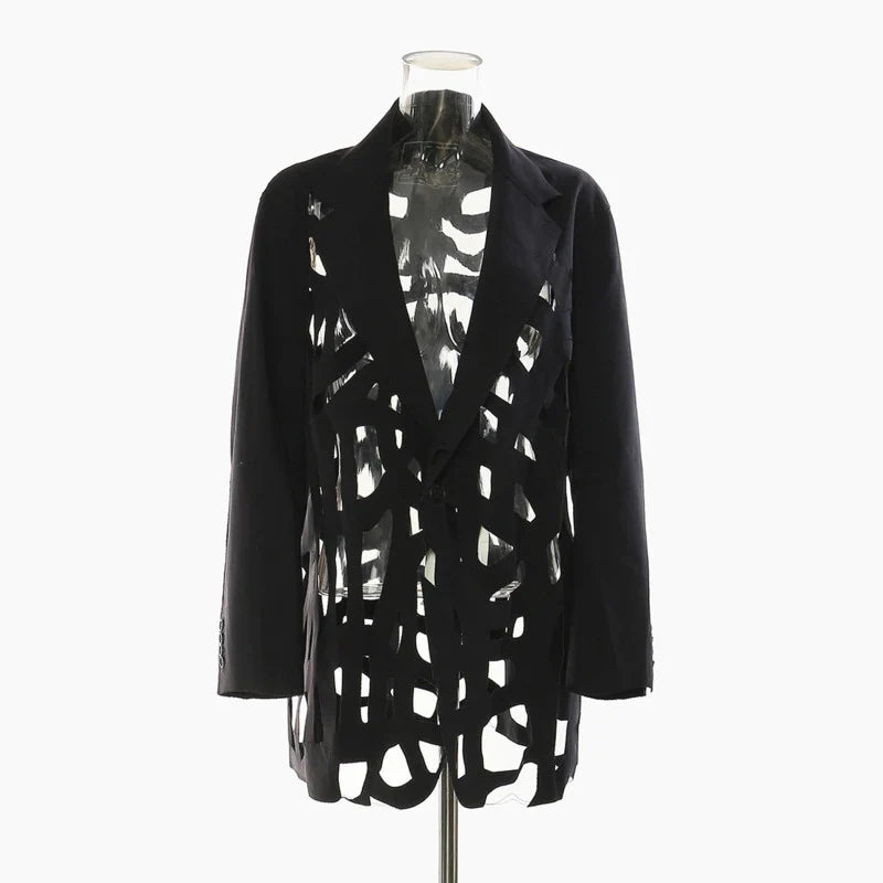 Women Chic Blazer Hollow Out Niche Design Single Button Notched Collar High-end Jacket Fashion Coat New Spring 2026 HK19476