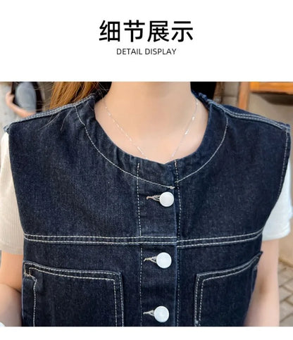 Retro Loose Thin Denim Vest Coat Women's Spring Summer Versatile Casual Sleeveless Jeans Jacket Korean Short Denim Waistcoat