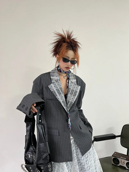 Women's Dark Grey Striped Blazer Jacket Y2k 2000s Vintage Suit Coat Fashion Casual Long Sleeve V-Neck Oversize Outerwear Autumn