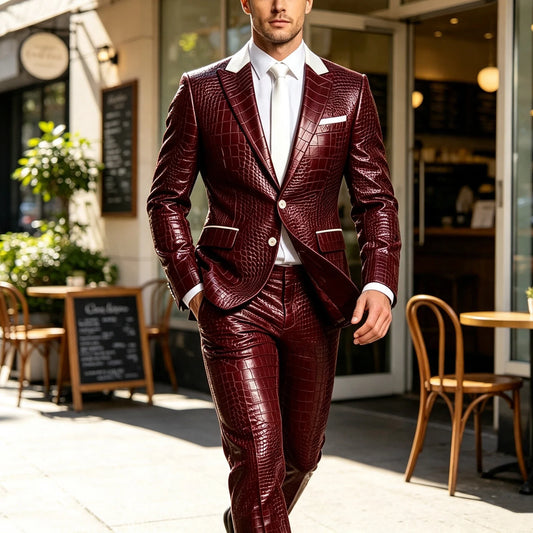 Men's PU Leather Suit 2-Piece Blazer and Pants Set – Slim Fit Smart Casual Tuxedo for Men