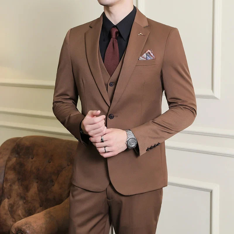2025 Men's Wedding Suit Vest Trousers Set Fashionable Handsome Solid Color Groom's Three-Piece Outfit Available in Sizes M-7XL