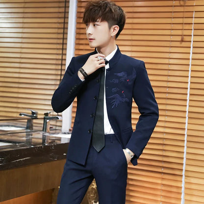 Suit (Blazer + Trousers) Men's Chinese-Style Stand-Up Collar Wedding & Business Suit