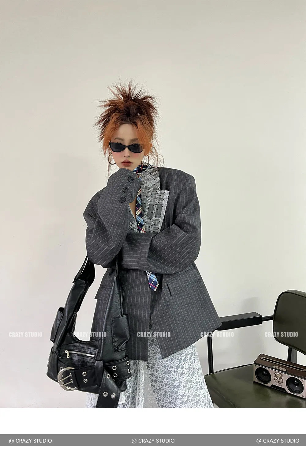 Women's Dark Grey Striped Blazer Jacket Y2k 2000s Vintage Suit Coat Fashion Casual Long Sleeve V-Neck Oversize Outerwear Autumn