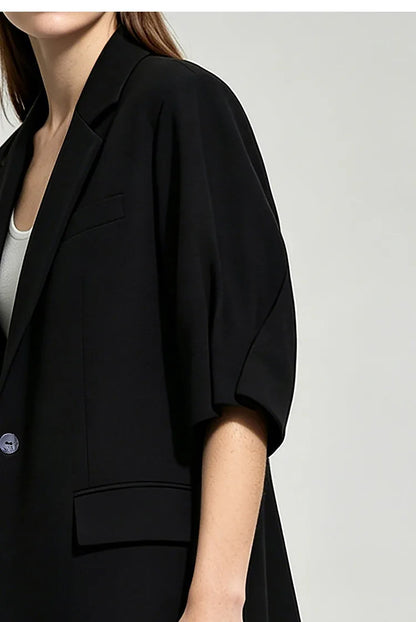Women's Blazer 2026 Summer New Notch Lapel Linen Blend Pleated Half Sleeve Jacket Casual Office Midi Length Coat 12642184