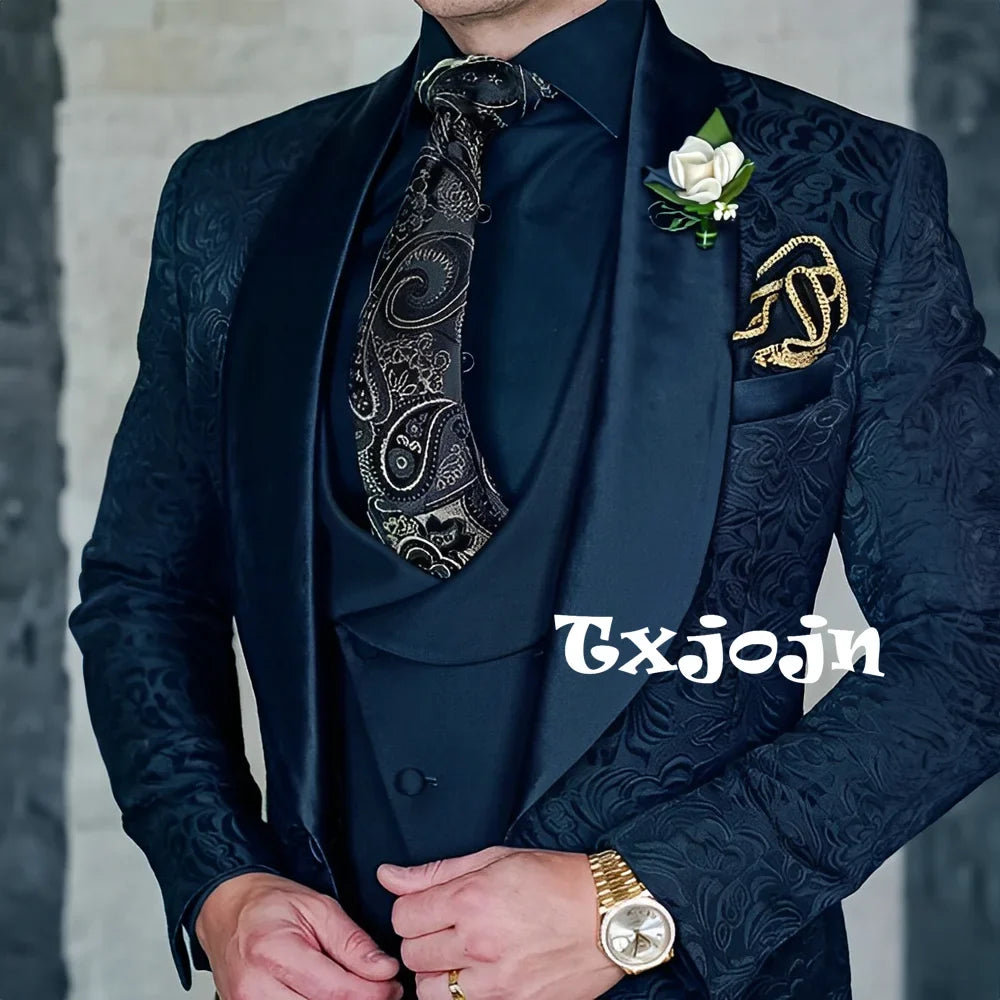 Exquisite jacquard Men's 3-piece Suits Wedding Groom Sets Handsome Shawl Lapel Suit Set Dancing Wear Formal Tuxedo For Business
