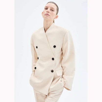 Beige Women Suits Customized Slim Fitted Double-breasted Two Pieces(Jacket+Slightly Flared Trousers) Formal Casual Business Set