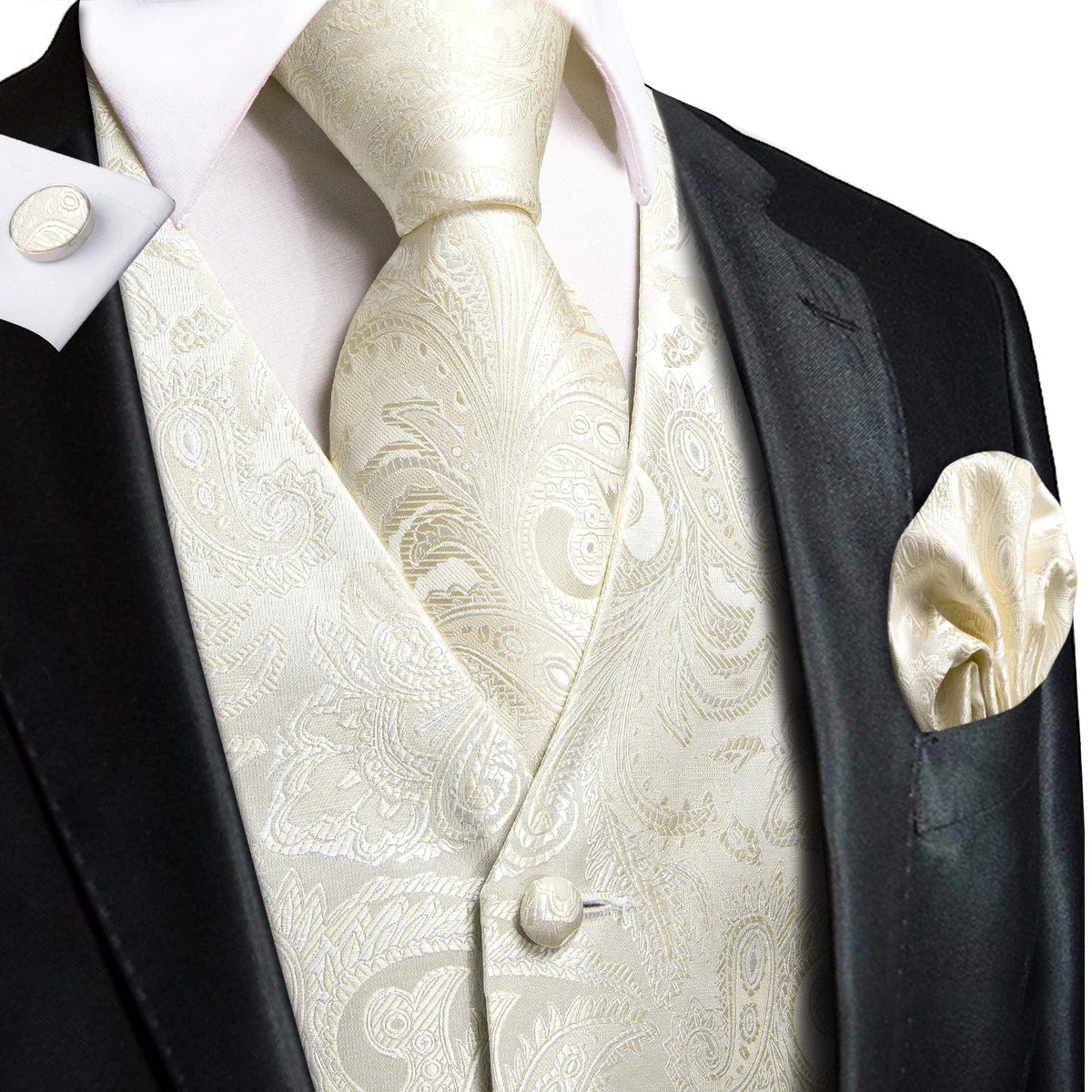 Men's Suit Vest Set with Tie Hanky and Cufflinks – Beige Paisley Waistcoat for Weddings and Formal Occasions