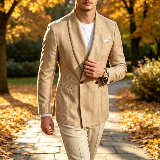 Men's Linen Blazer Double Breasted Shawl Lapel Slim Fit Suit Jacket Casual Business Formal Wedding Tuxedo Coat for Spring Summer