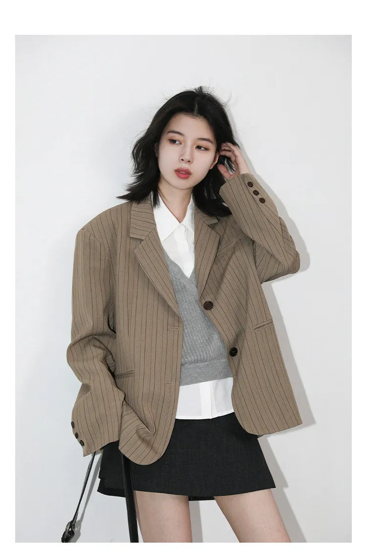 New Women Blazers Single-breasted Loose Casual Retro Striped Office Ladies Suit Jacket Female Coat Spring Autumn 2026