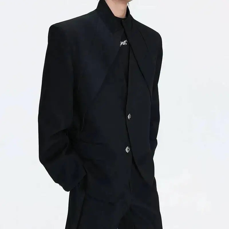 2026 Spring Patchwork Design Cross Collar Solid Color Casual Jacket Men Fashion Elegant Temperament Straight Pants JY6553